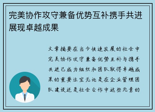 完美协作攻守兼备优势互补携手共进展现卓越成果