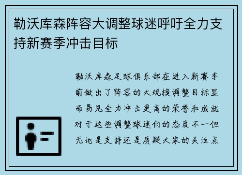 勒沃库森阵容大调整球迷呼吁全力支持新赛季冲击目标