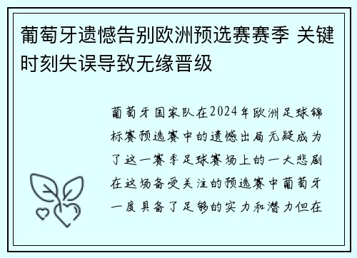 葡萄牙遗憾告别欧洲预选赛赛季 关键时刻失误导致无缘晋级