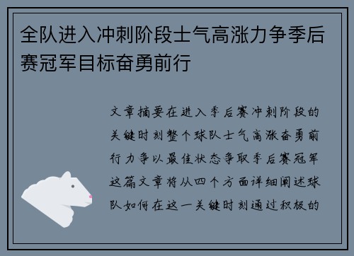 全队进入冲刺阶段士气高涨力争季后赛冠军目标奋勇前行