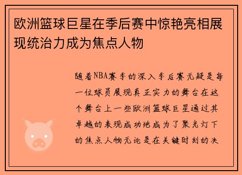 欧洲篮球巨星在季后赛中惊艳亮相展现统治力成为焦点人物