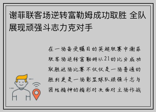 谢菲联客场逆转富勒姆成功取胜 全队展现顽强斗志力克对手