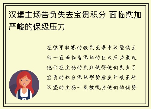 汉堡主场告负失去宝贵积分 面临愈加严峻的保级压力