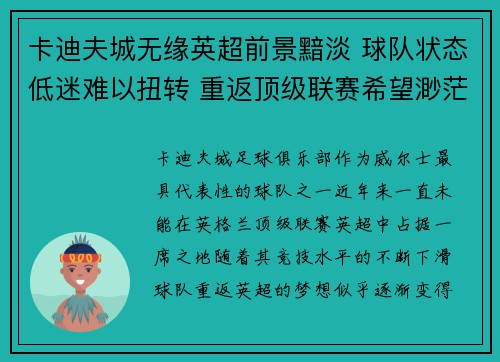 卡迪夫城无缘英超前景黯淡 球队状态低迷难以扭转 重返顶级联赛希望渺茫