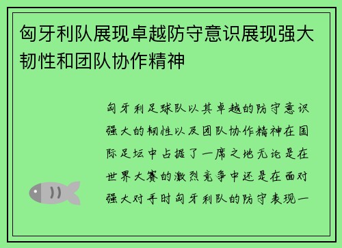 匈牙利队展现卓越防守意识展现强大韧性和团队协作精神
